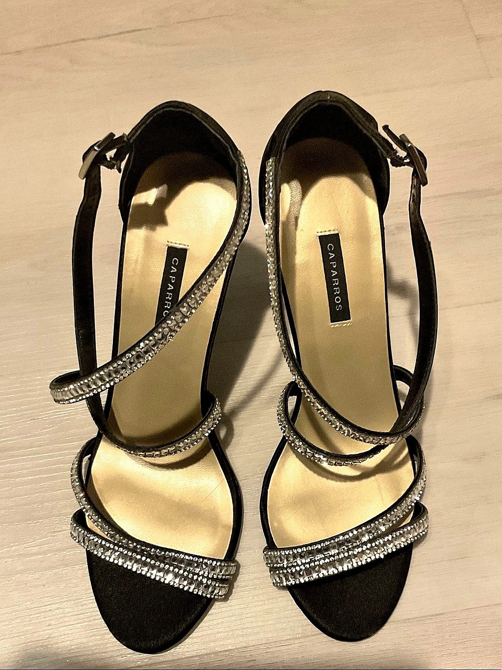 Caparros Crystal-Trim Heels in Black & Gold